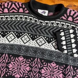 Cut 4 U Sweater Womens XL Pink Black Fair Isle Nordic Snowflake Geometric Knit